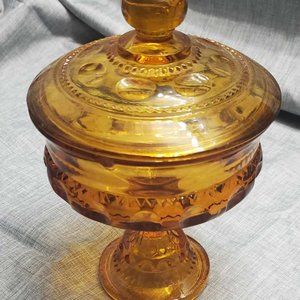Vintage Indiana Glass Amber King's Crown Thumbprint Pedestal Candy Dish with Lid